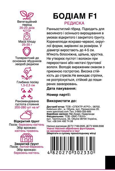 Редиска Бодіам F1 200 шт, СС 2330 фото