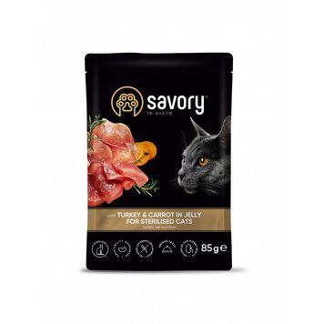 Пауч SAVORY для стерилізованих котів та кішок з Індичкою та морквою у желе 85 г 20109 фото